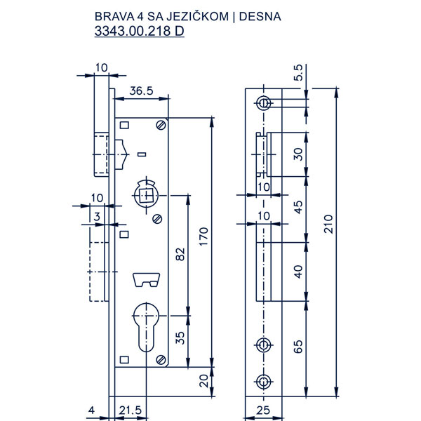 Slika proizvoda Brava 4 sa jezičkom 21.5x82(36.5x170)25 za metalna vrata - siva