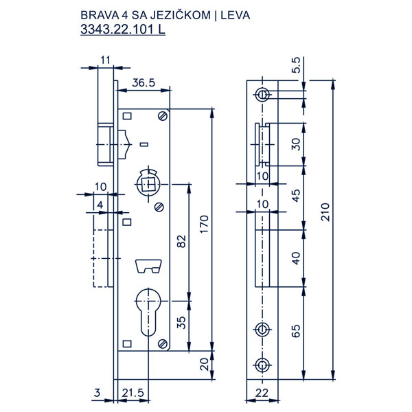 Slika proizvoda Brava 4 sa jezičkom HVT 21.5x82(36.5x170)22 za metalna vrata