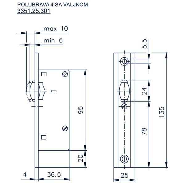 Slika proizvoda Polubrava 4 sa valjkom 36.5x95/25mm Zamak